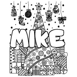 Coloring page first name MIKE - Christmas tree and presents background
