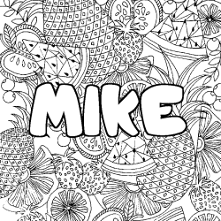 Coloring page first name MIKE - Fruits mandala background