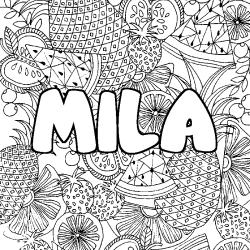 Coloring page first name MILA - Fruits mandala background