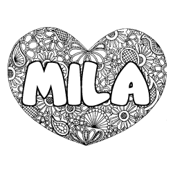 Coloring page first name MILA - Heart mandala background