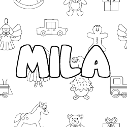 Coloring page first name MILA - Toys background