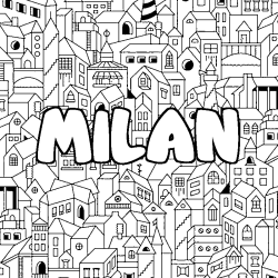 Coloring page first name MILAN - City background