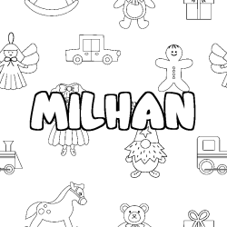 Coloring page first name MILHAN - Toys background
