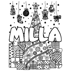 Coloring page first name MILLA - Christmas tree and presents background