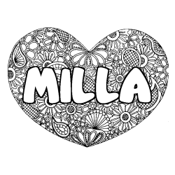 Coloring page first name MILLA - Heart mandala background