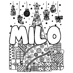 Coloring page first name MILO - Christmas tree and presents background