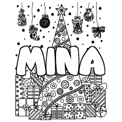 Coloring page first name MINA - Christmas tree and presents background