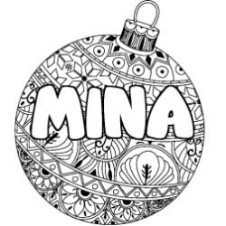 Coloring page first name MINA - Christmas tree bulb background