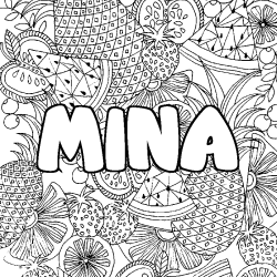 Coloring page first name MINA - Fruits mandala background