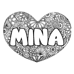 Coloring page first name MINA - Heart mandala background