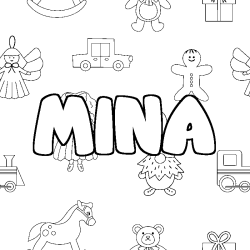 Coloring page first name MINA - Toys background