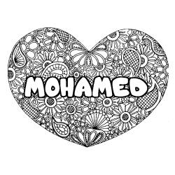 Coloring page first name MOHAMED - Heart mandala background