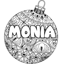 Coloring page first name MONIA - Christmas tree bulb background