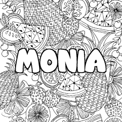 Coloring page first name MONIA - Fruits mandala background