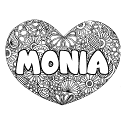 Coloring page first name MONIA - Heart mandala background