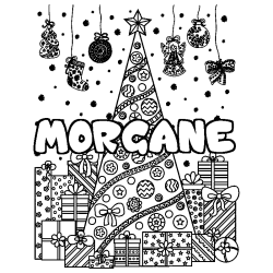 Coloring page first name MORGANE - Christmas tree and presents background