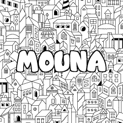 Coloring page first name MOUNA - City background