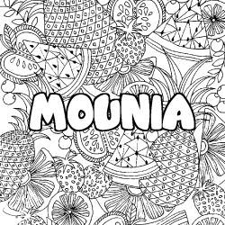 Coloring page first name MOUNIA - Fruits mandala background