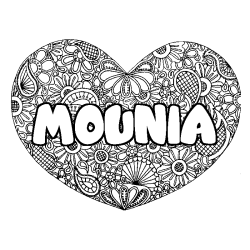 Coloring page first name MOUNIA - Heart mandala background