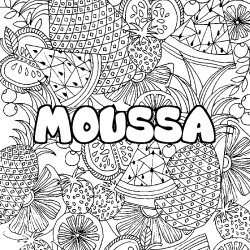 Coloring page first name MOUSSA - Fruits mandala background