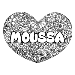 Coloring page first name MOUSSA - Heart mandala background
