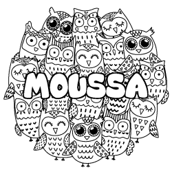 Coloring page first name MOUSSA - Owls background