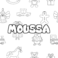 Coloring page first name MOUSSA - Toys background