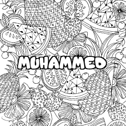 Coloring page first name MUHAMMED - Fruits mandala background