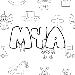 Coloring page first name MYA - Toys background