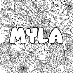 Coloring page first name MYLA - Fruits mandala background