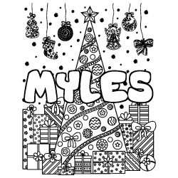 Coloring page first name MYLES - Christmas tree and presents background