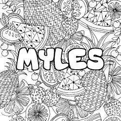 Coloring page first name MYLES - Fruits mandala background