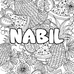 Coloring page first name NABIL - Fruits mandala background