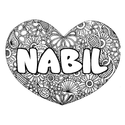 Coloring page first name NABIL - Heart mandala background