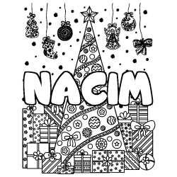 Coloring page first name NACIM - Christmas tree and presents background