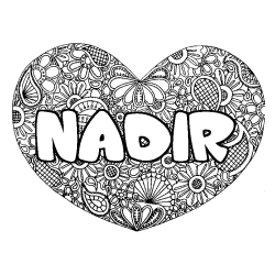 Coloring page first name NADIR - Heart mandala background