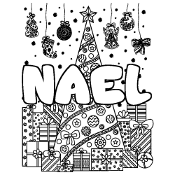 Coloring page first name NAEL - Christmas tree and presents background
