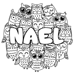 Coloring page first name NAEL - Owls background