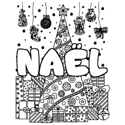 Coloring page first name NAËL - Christmas tree and presents background