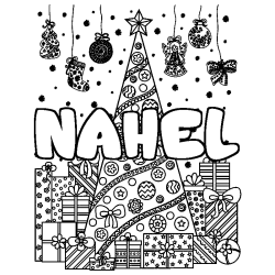 Coloring page first name NAHEL - Christmas tree and presents background