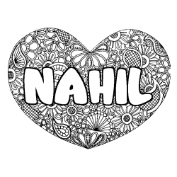 Coloring page first name NAHIL - Heart mandala background