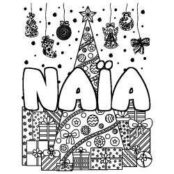 Coloring page first name NAÏA - Christmas tree and presents background