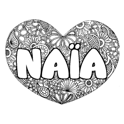 Coloring page first name NAÏA - Heart mandala background