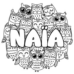 Coloring page first name NAÏA - Owls background