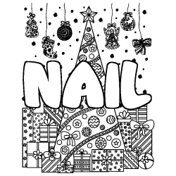 Coloring page first name NAIL - Christmas tree and presents background