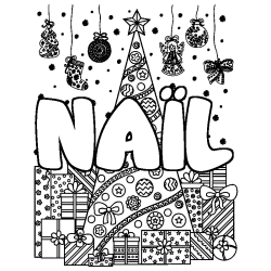 Coloring page first name NAÏL - Christmas tree and presents background