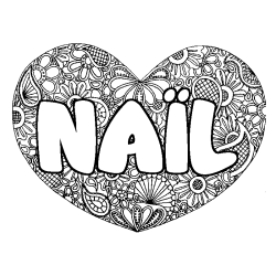 Coloring page first name NAÏL - Heart mandala background