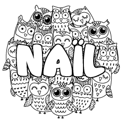 Coloring page first name NAÏL - Owls background