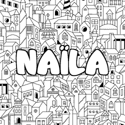 Coloring page first name NAÏLA - City background