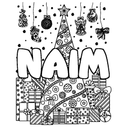 Coloring page first name NAIM - Christmas tree and presents background